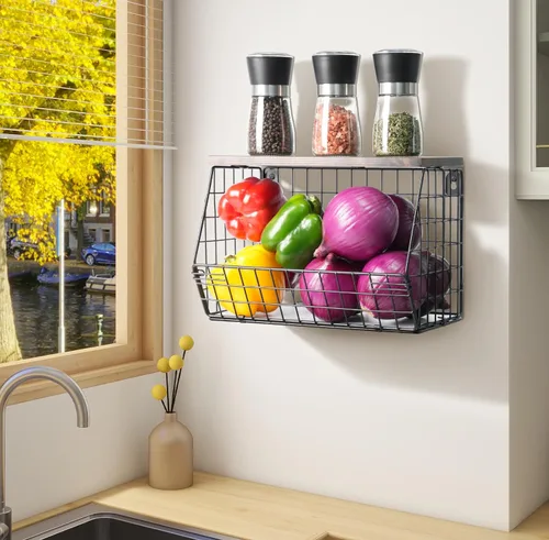 Miniatura 2 de Frutero apilable para encimera de cocina, cesta colgante montada en pared, cesta de alambre con tapa de madera con ganchos para colgar plátanos