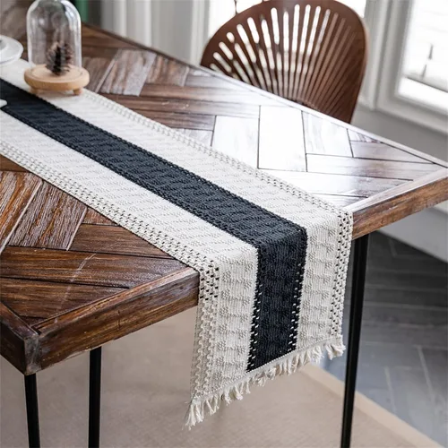 Miniatura 3 de Camino de mesa de macramé, color beige crema y negro, bohemio, con borlas, de algodón, tejido a mano, rústico, rural, para mesa de cocina y comedor