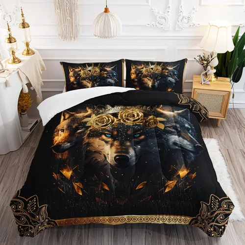 Miniatura 33 de AILONEN Juego de edredón con cabeza de lobo impresa tamaño individual, juego de ropa de cama de lobo para la noche para niños y hombres, juego