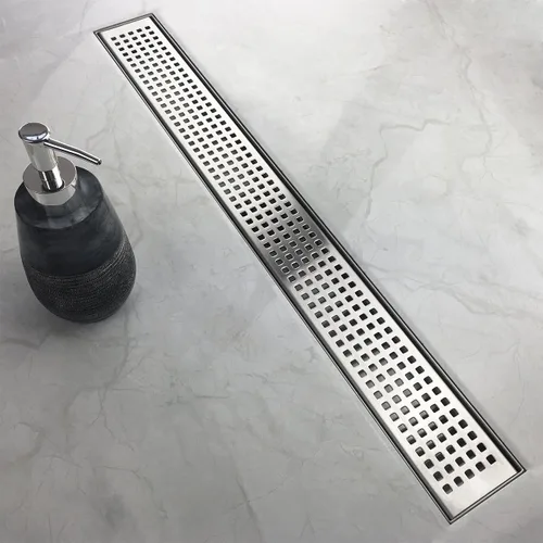 Miniatura 7 de Neodrain Desagüe de ducha lineal de salida lateral descentrada de 36 pulgadas con cubierta de rejilla de patrón Quadrato, drenaje de piso de ducha