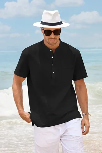 Miniatura 3 de Enjoybuy Men's Linen Henley Shirts Summer Beach Short Sleeve Loose Fit T Shirt Button Up Lightweight Casual Tops