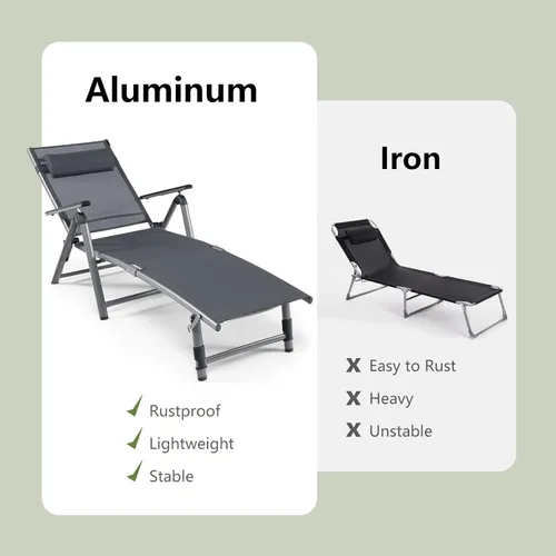 Miniatura 6 de Tangkula 2 sillones de aluminio para exteriores, tumbona plegable para patio con 8 respaldos y 2 posiciones ajustables de patas, sillón reclinable