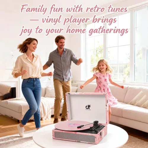Miniatura 8 de Tocadiscos de vinilo Bluetooth con altavoces integrados, tocadiscos portátil vintage con diseño floral, fonógrafo de vinilo de 3 velocidades