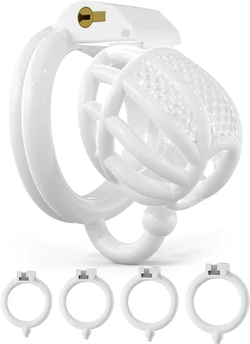 Miniatura 9 de AMAZBEE Jaula de castidad jaula de aireación masculina para pene, dispositivos de castidad de panal para hombres, jaula para pene con 4 anillos