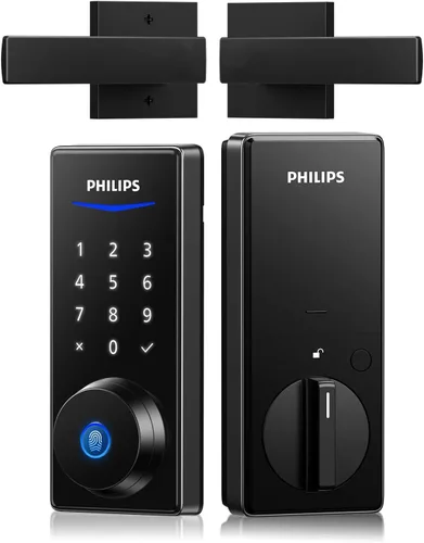 Philips Juego de cerradura de puerta delantera, cerradura electrónica de huellas dactilares con 2 manijas de palanca, cerradura de puerta de entrada