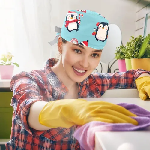 Miniatura 5 de Gorras de trabajo con botones de muñeco de nieve de Navidad, gorro largo para cola de caballo para mujer