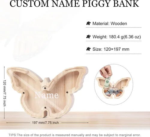 Miniatura 2 de Alcancía de madera personalizada con diseño de dinosaurio grabado con nombre grabado, caja de dinero para Navidad, cumpleaños, regalo divertido