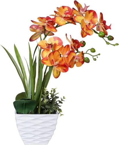Ohmywor Flores artificiales de orquídea naranja, arreglos de falaenopsis falsas, flores de orquídea de otoño con maceta blanca de 18.9 pulgadas de