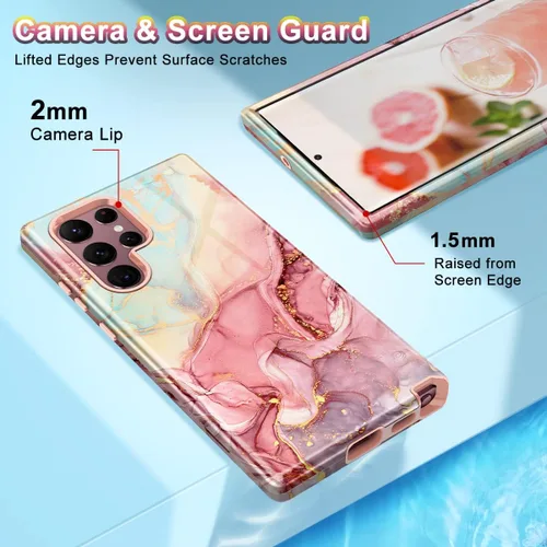 Miniatura 8 de Btscase Funda para Samsung Galaxy S22 Ultra 5G, patrón de mármol 3 en 1, resistente a prueba de golpes, cuerpo completo, policarbonato duro