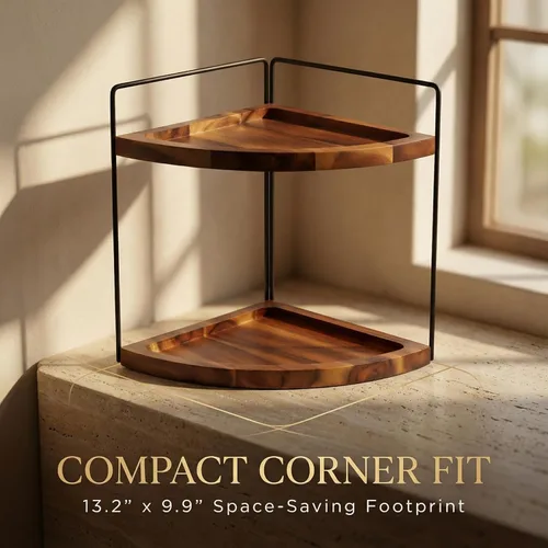 Miniatura 3 de Demigo Organizador de esquina de baño de 13.2 x 9.9 pulgadas, organizador de madera de acacia de 2 niveles, estante de almacenamiento esquinero