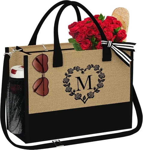 Initial Jute Tote Bag for Women Beach Bag Tote with Zipper Adjustable Strap Bridesmaid Gifts Birthday Gifts for Women