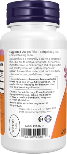 Miniatura 3 de NOW Foods Suplementos, astaxantina 10 mg, extra fuerza, derivado de microalgas Haematococcus Pluvialis sin OMG y tiene luteína, cantaxantina