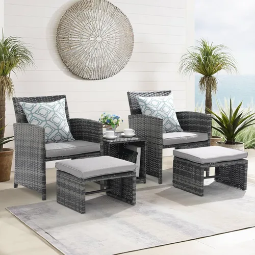 Miniatura 2 de OC Orange-Casual Juego de muebles de patio de 5 piezas, silla de conversación de mimbre para exteriores y juego de otomana con mesa de café, Gris