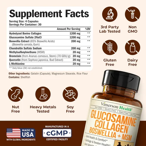 Miniatura 3 de Suplemento de condroitina de colágeno y sulfato de glucosamina con boswellia, MSM, bromelina, quercetina y metionina. Apoyo articular