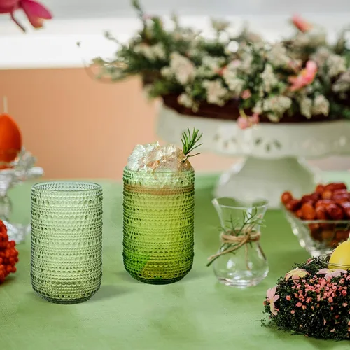 Miniatura 7 de CHLJAR Hobnail - Juego de 6 vasos para beber, juego de cristalería vintage de 14 onzas, vaso de agua verde en relieve para cerveza, jugo, cóctel