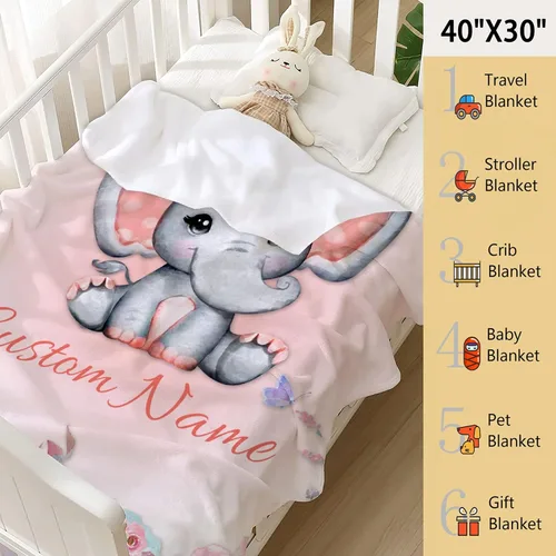 Miniatura 2 de Manta personalizada de elefante naranja floral con nombre para niñas, manta con nombre personalizado para niños pequeños, regalos personalizados