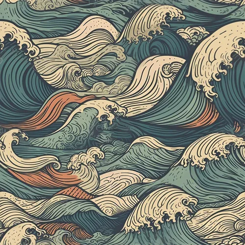MuralPeel Vintaje Japonés Olas del Mar Azul/Amarillo Mosaico Papel pintado Autoadhesivo para Despegar y Pegar