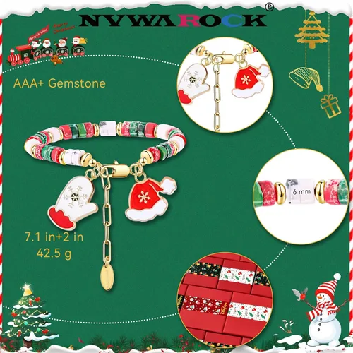Miniatura 2 de NVWAROCK Pulsera de cuentas de Navidad, chapada en oro de 14 quilates, apilable, de piedra natural, para mujeres y niñas