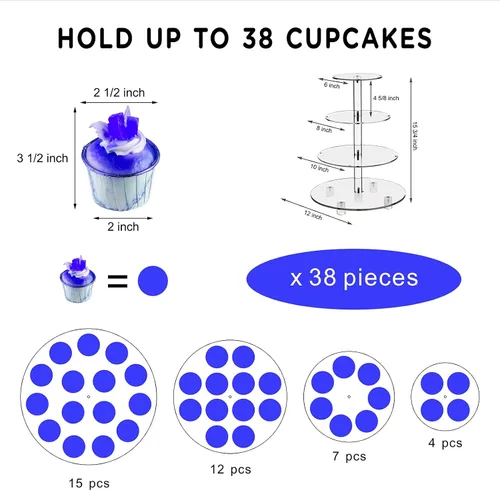 Miniatura 6 de Soporte para Cupcakes, Soporte Redondo para Cupcakes de 4 Niveles con Tira de Luces LED, Torre de Exhibición de Cupcakes de Acrílico para Bodas, Azul