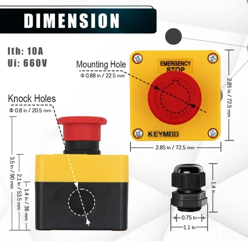 Miniatura 3 de Interruptor de botón de parada de emergencia, 1NC 10A 660V con caja impermeable IP65, 2 conectores negros PG13.5 (1)