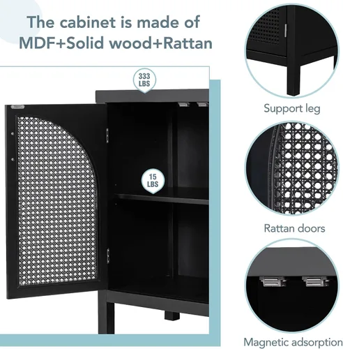 Miniatura 9 de Aparador de madera con puerta de ratán artificial y asas de metal, 4 puertas y estante ajustable, mesa de consola para comedor, sala de estar