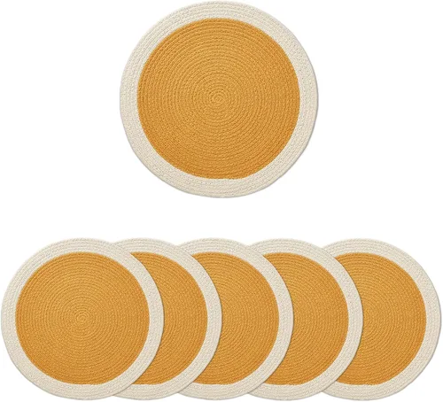 Miniatura 14 de Encasa XO Juego de 6 manteles individuales de comedor, manteles individuales de algodón, 13 pulgadas de diámetro, color beige, cargadores hechos a
