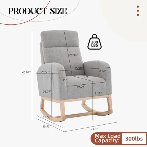 Miniatura 2 de Mecedora para guardería, moderna mecedora tapizada con bolsillo lateral, respaldo alto, asiento acolchado para sala de estar, guardería, dormitorio