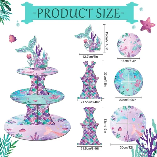 Miniatura 3 de Soporte para cupcakes de sirena, 3 niveles con 12 adornos Bajo el tema del mar, decoraciones de fiesta de cumpleaños para niñas, suministros