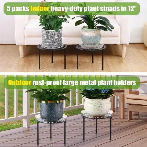 Miniatura 5 de Paquete de 5 soportes de metal resistente de 12 pulgadas para macetas grandes para interiores y exteriores, soporte para macetas de hierro a prueba