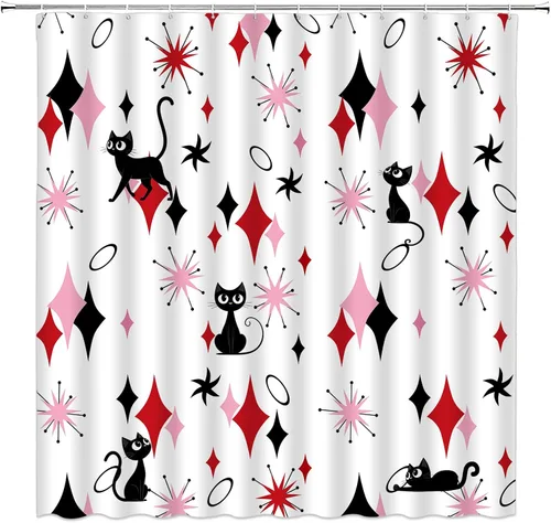 Miniatura 9 de GCTNBJL Mid Century Atomic Cat Shower Curtain Blue Pink Diamond Black Cat Stars Modern Abstract Geometric 1950s 1960s Retro 36x70(WxH) Inches