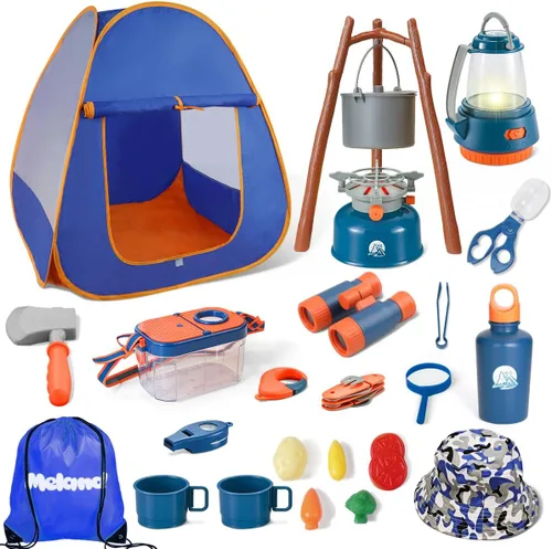 Meland Juego de camping para niños con tienda de campaña, juguete de equipo de campamento con juego de simulación, juguete al aire libre para niños