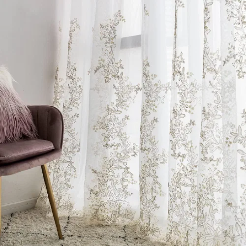 Miniatura 10 de Amidoudou 1 par de cortinas de tul bordadas de lujo para sala de estar, boda, cortinas transparentes con flores doradas 3D (blanco, 51 x 84 pulgadas)