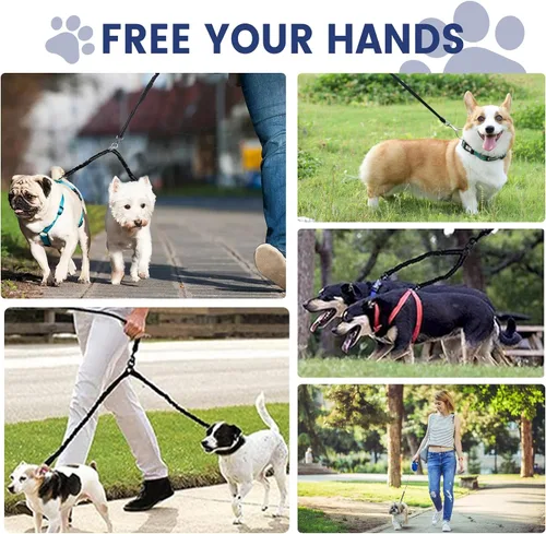 Miniatura 7 de Correa retráctil doble para perros medianos (hasta 66 libras cada uno), correa de doble cabeza para mascotas con bolsas para excrementos y luz LED