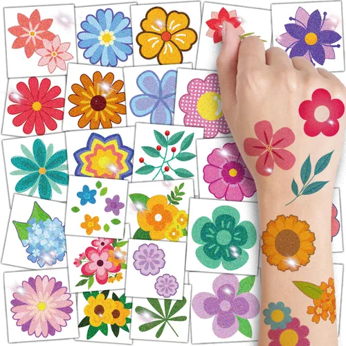 CHARLENT Tatuajes temporales de flores con purpurina para niñas, 74 hojas individuales, impermeables y fáciles de despegar, recuerdos de fiesta de