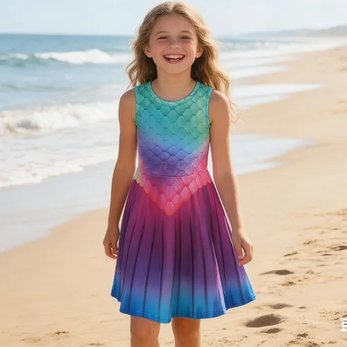 Miniatura 5 de Funnycokid Vestido de Sirena para Niñas, Sin Mangas, de Verano, para Cumpleaños, de Fiesta con Volantes, Ropa de 4 a 13 Años