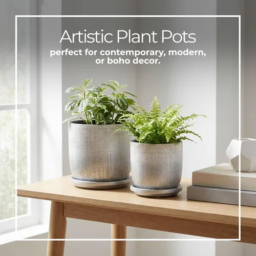 Miniatura 4 de Macetas de cerámica texturizada con platillo para decoración del hogar, macetas modernas y macetas para plantas de jardín, macetas elegantes