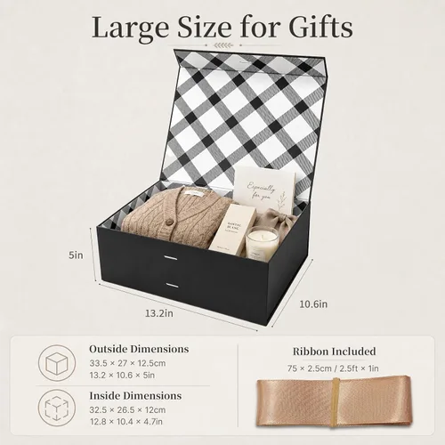 Miniatura 2 de Tekhoho Caja de regalo grande negra de 13.2 x 10.6 x 5 pulgadas, caja de regalo de alta calidad con tapa magnética y cinta para vacaciones, boda