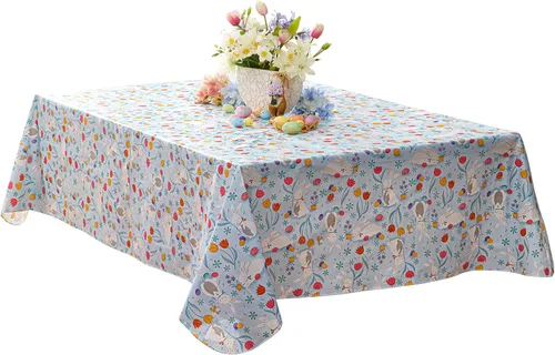 Miniatura 8 de Newbridge Blue Easter Cotton Tail Bunny Party 52 x 52 inch Square Vinyl Tablecloth with Flannel Backing, Bunny Rabbit, Easter Eggs and Floral Design