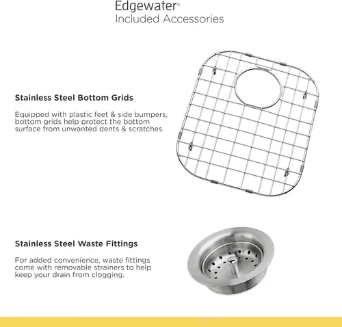 Miniatura 5 de American Standard 18SB.9252211.075 Edgewater Zero Radius Dual Mount 25x22 tazón individual con rejilla y drenaje, acero inoxidable