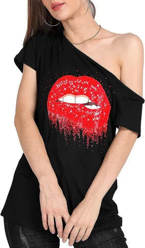Miniatura 86 de MAGICMK - Camiseta casual para mujer, con estampado de labios y hombro descubierto, talla extragrande