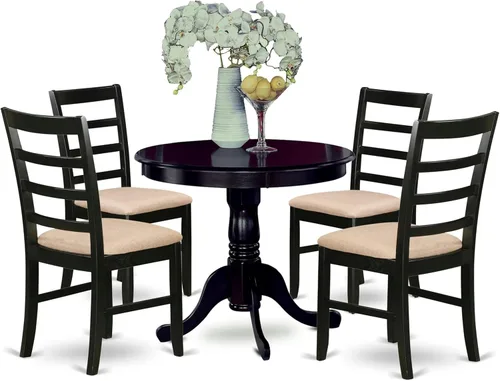East West Furniture El juego de 5 piezas ANPF5-CAP-C incluye una mesa de cocina redonda con pedestal y 4 sillas de comedor tapizadas de tela de
