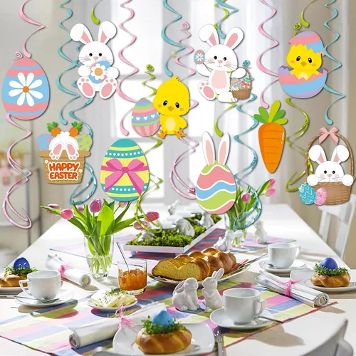 Miniatura 4 de Decoraciones para fiesta de Pascua con serpentinas de huevo-conejo - 16 piezas de lindos remolinos colgantes para techo, regalos y suministros