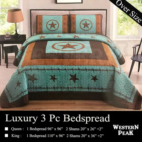 Miniatura 2 de Western Peak Colcha de 3 piezas estilo alambre de púas del oeste de Texas con fundas de almohada (beige, Queen)