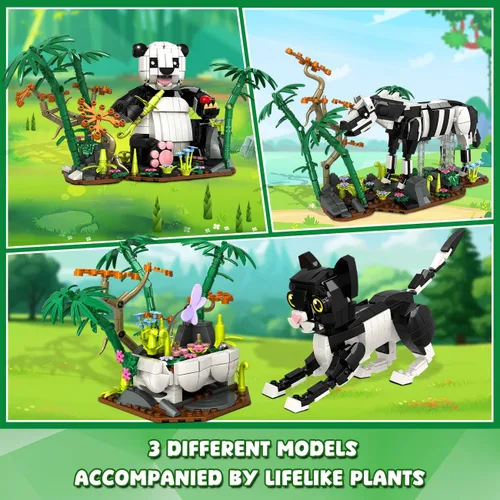 Miniatura 7 de HiWEEGO Juego de construcción de animales salvajes 3 en 1 - Figuras de animales con 3 opciones de construcción Panda Gato Cebra, juguete de bloques