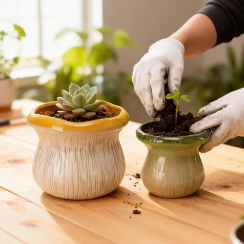 Miniatura 3 de Paquete de 2 macetas de cerámica con orificio de drenaje, macetas texturizadas de dos tonos para plantas de interior y exterior, pequeñas macetas