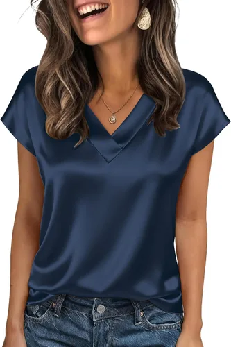 Miniatura 19 de Zeagoo - Camisetas de mujer de satén de seda, tops de manga corta con cuello en V, blusas para negocios y conjuntos casuales, talla S-2XL