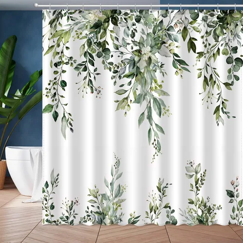 Miniatura 10 de JWXCBIM Cortina de ducha azul con hojas de eucalipto, cortina de baño decorativa con arte estético de acuarela de plantas y flores, juego de cortina