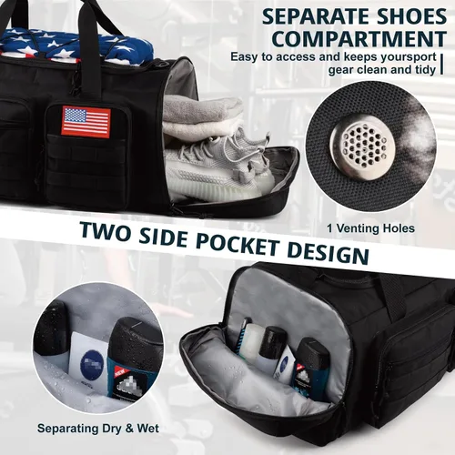 Miniatura 7 de Bolsa táctica de gimnasio para hombres, 50L grande 3 en 1 bolsa deportiva con compartimento para zapatos para viajes, mochila de viaje resistente al