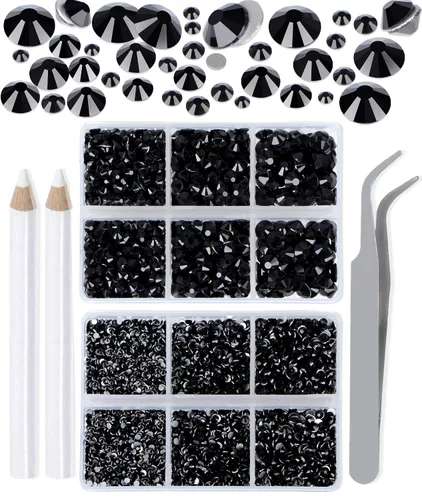 LPBeads 6000 unidades de diamantes de imitación negros no termofijos, 6 tamaños, cristal redondo, con parte trasera plana, pinzas y bolígrafo de