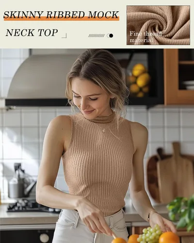 Miniatura 4 de Paquete de 3 camisetas sin mangas con cuello alto falso para mujer, acanaladas, elásticas, ajustadas, básicas, ligeras, bustier